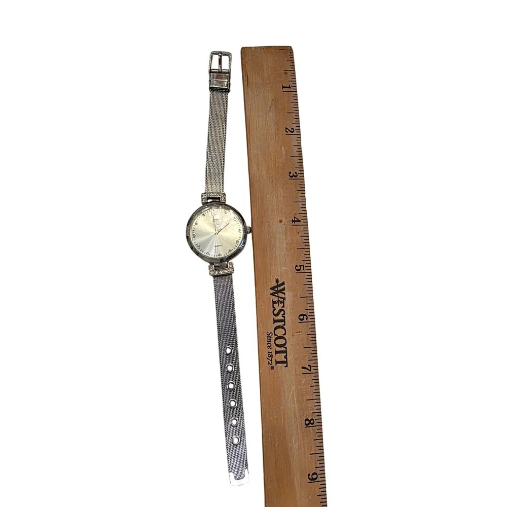 NY & Co Womens Silver Tone‎ Quartz Mesh Band Crystal Accent Watch New Battery